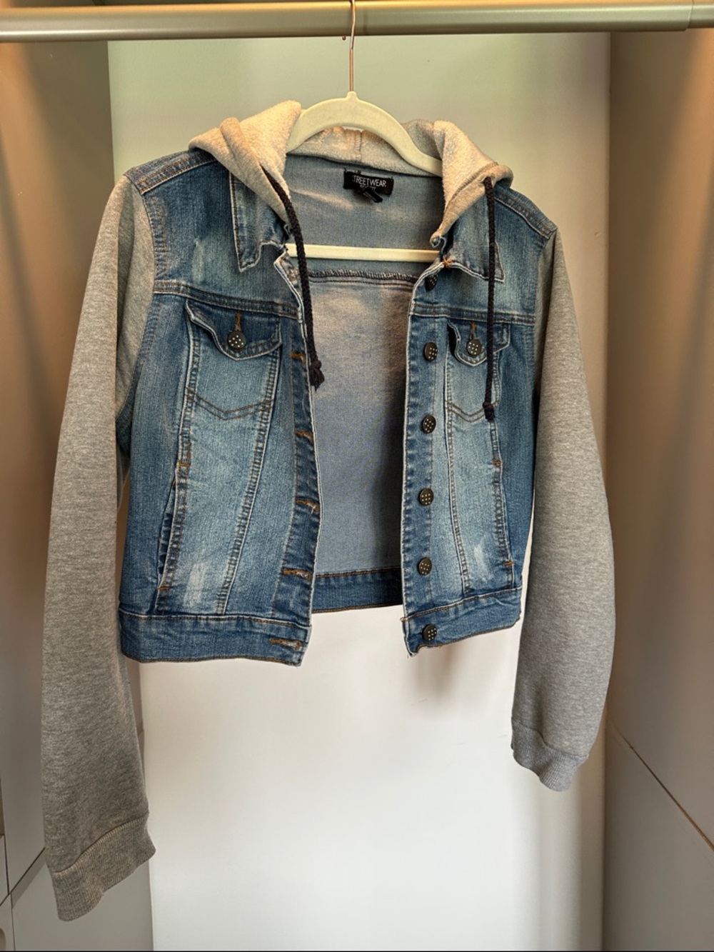 Streetwear Society Blue Denim Jacket with Gray Hoodie Sleeves and hood
